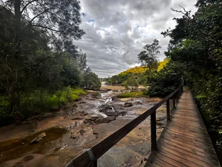  The image depicts a serene scene of a wooden bridge over a river, surrounded by lush green trees. The bridge is made of wood and appears to be a part of a trail. The river below the bridge is calm and reflects the tranquil atmosphere of the scene. The sky above the bridge is cloudy, adding to the overall mood of the image. The combination of the wooden bridge, the river, and the greenery creates a picturesque and peaceful setting.