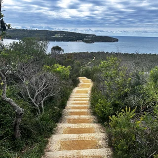  The image features a yellow staircase leading up a hill, surrounded by lush green trees. The staircase is made of stone, and it appears to be a part of a trail. The scene is set against a backdrop of a beautiful blue ocean, creating a serene and picturesque atmosphere. The combination of the vibrant yellow staircase, the lush greenery, and the vast ocean creates a sense of tranquility and natural beauty.